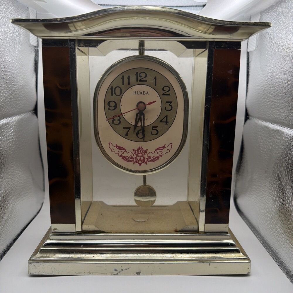 Vintage HUABA Quartz Pendulum Mantel Clock WORKING Gold Tone Tortoise Decor